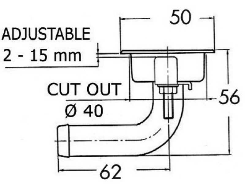 Planforsænket 90° brændstoftankudluftning i rustfrit stål – hoved Ø50 mm, slange Ø16 mm