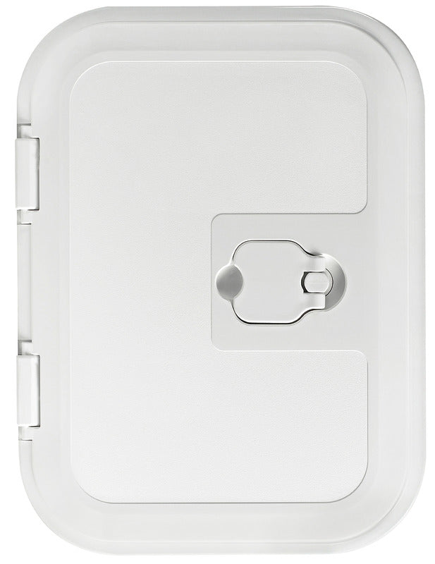 Hvid planmonteret inspektionsluge med skjulte monteringsskruer, 280 × 380 mm