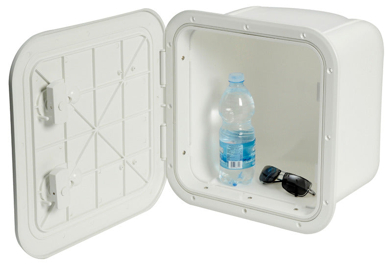 Hvid opbevaringsboks med luge, 285 × 285 mm, L-front