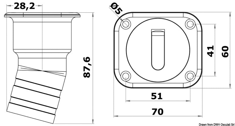 Kvadratisk dæksstuds til vand, kort model, 38 mm