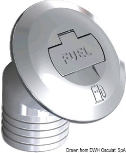 FUEL-påfyldningsstuds i forkromet messing med nøgle, 30° vinkel, Ø 50 mm