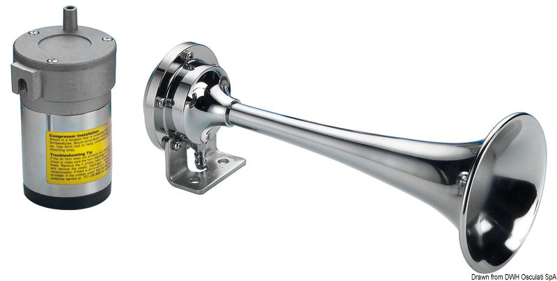 Forkromet messing signalhorn med kompressor, 1 horn, 12 V