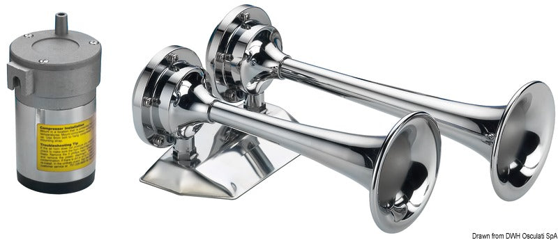 Dobbelt elektropneumatisk signalhorn i forkromet messing med kompressor, 24 V