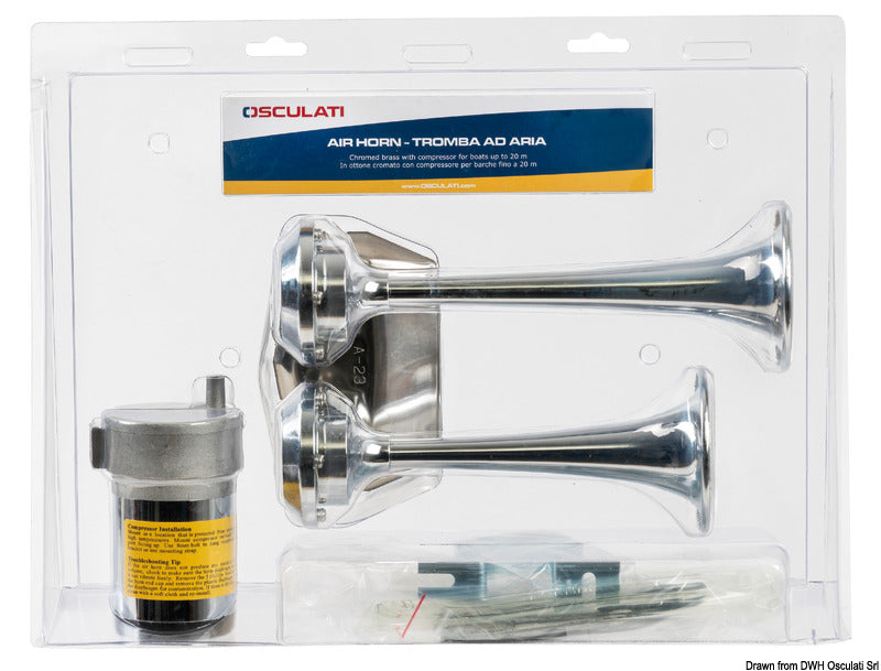 Dobbelt elektropneumatisk signalhorn i forkromet messing med kompressor, 24 V