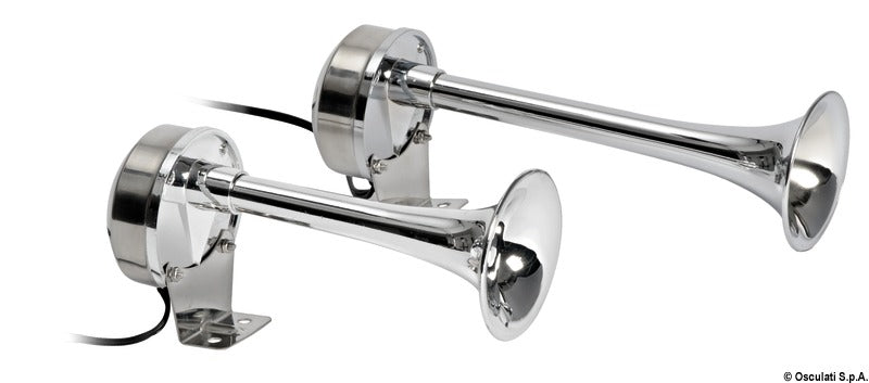 Elektrisk membranhorn 12 V i rustfrit stål og forkromet ABS – 2 horn, 210 + 268 mm