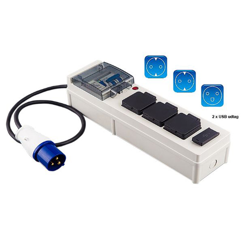 El-central 16A dobbeltsikret automatsikring m/30 mA RCD 2 m