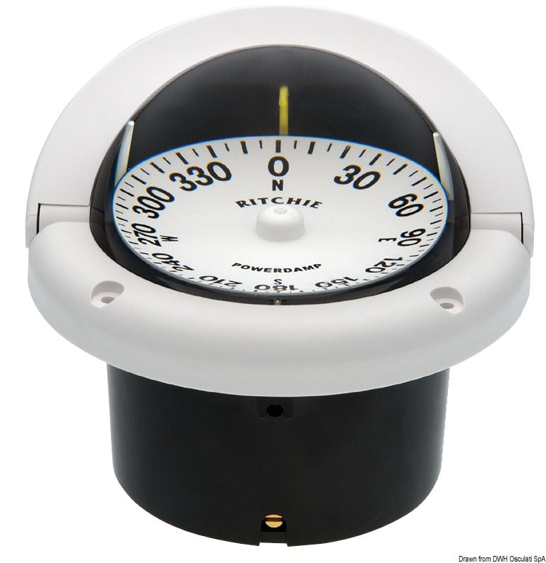 Ritchie Helmsman marinekompas 3¾″ til indbygning med flad skive, hvid, 12 V