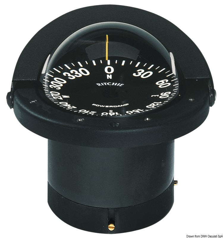 Ritchie Navigator 4½″ marinekompas, indbygning med flad kompasrose, sort/sort