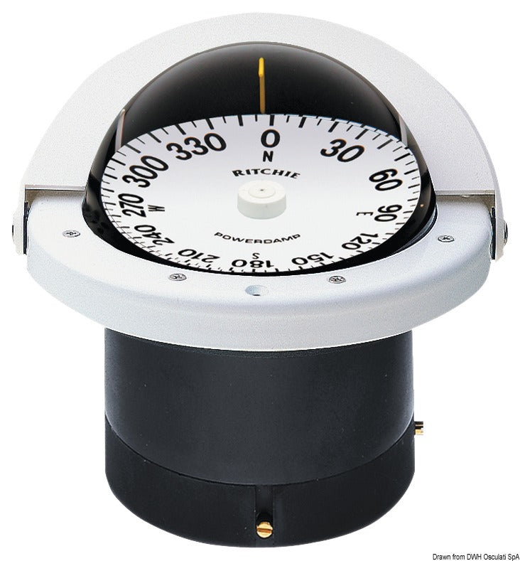 Ritchie Navigator 4½″ magnetkompas, planforsænket, flad kompasrose, hvid