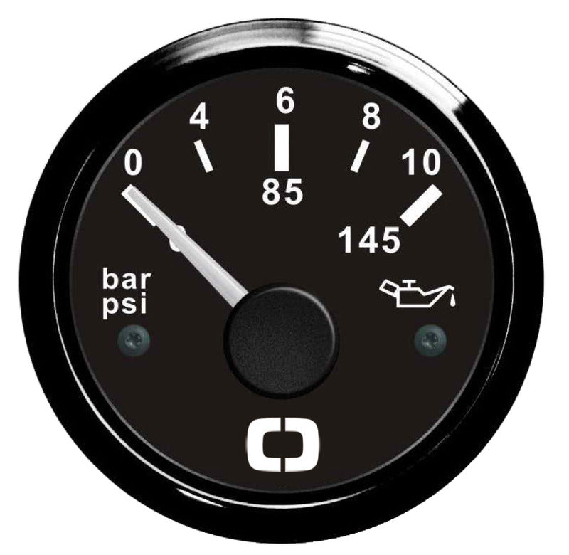 Analog olietryksmåler 0–10 bar, sort skive/sort ramme, 12/24 V