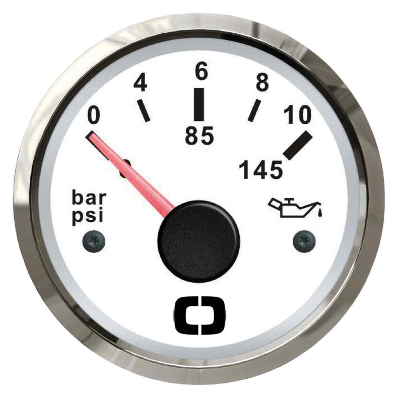 Olietryksmåler 0–10 bar, hvid skive/blank frontring, 12/24 V, Ø 57 mm