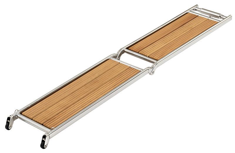 Sammenklappelig landgang i spejlpoleret rustfrit stål med iroko-rist, 220 cm