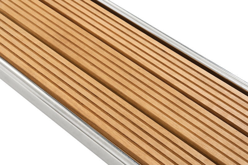 Sammenklappelig landgang i spejlpoleret rustfrit stål med iroko-rist, 220 cm