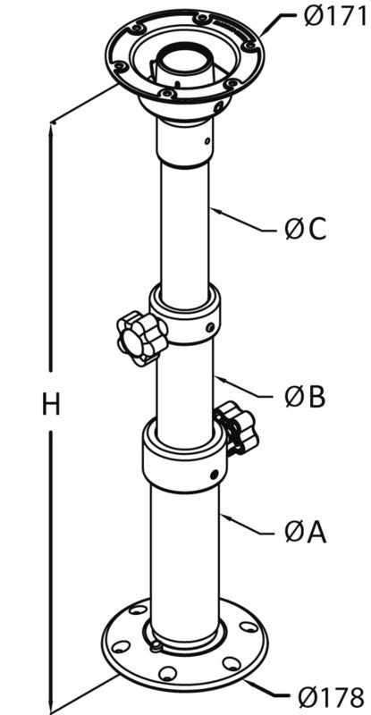 Thread Lock bordben i anodiseret aluminium, tri-teleskopisk, 450–775 mm, til universelle borde