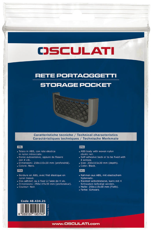 Sort opbevaringslomme med elastisk nylonnet, 250 x 115 x 30 mm