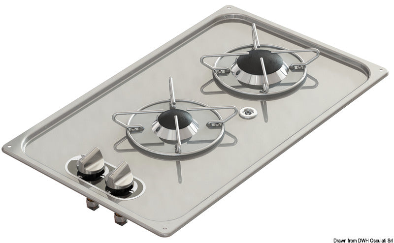Indbygget gaskogeplade i rustfrit stål, 2 blus, 323 × 528 mm