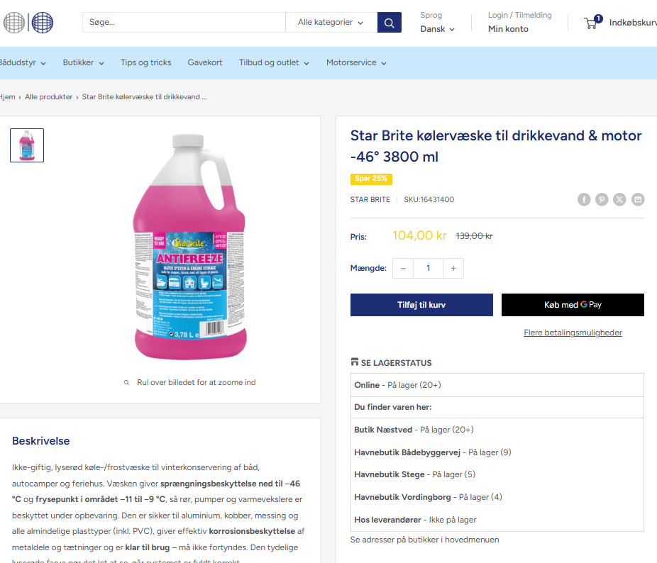 Eksempel på lagerstatus i Alpina Marineudstyrs webshop