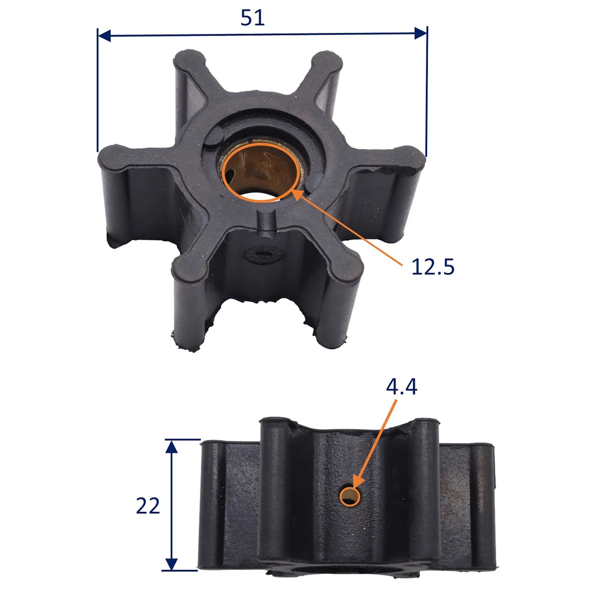 Pumpeimpeller 50,8 x 22,1 mm – 6 blade – Jabsco 673-0001 (VP D1/D2, MD2010/2020/2030, MD3 & MD17)
