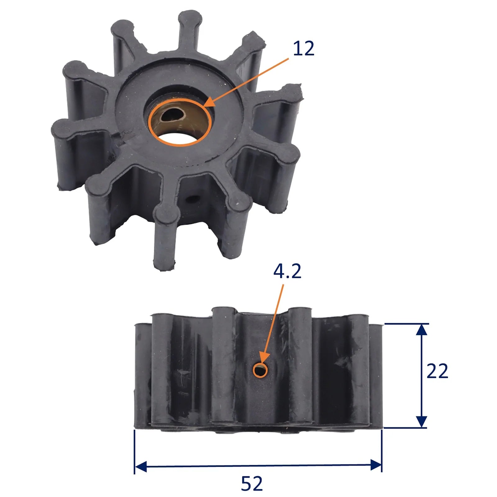 Pumpeimpeller 51,8 x 22 mm – 10 blade – Jabsco 18653-0001