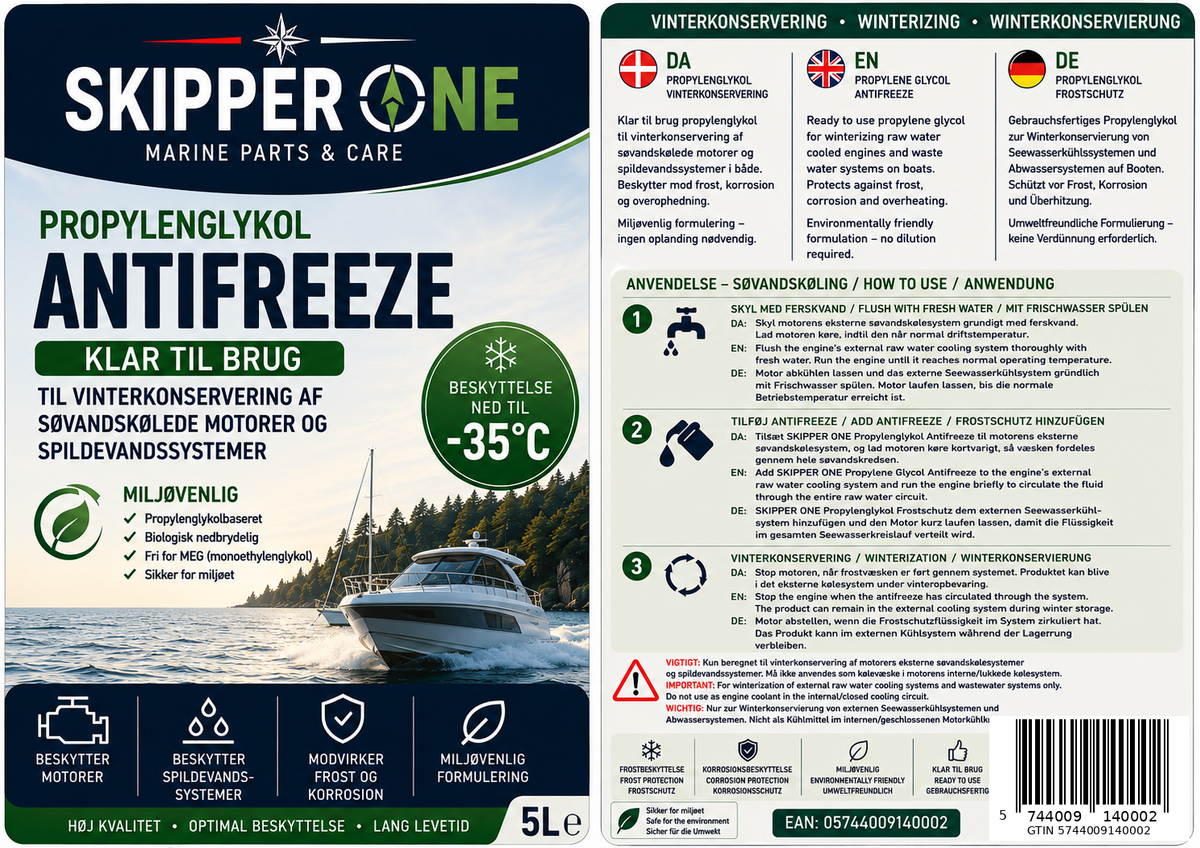 SKIPPER ONE Propylenglykol Antifreeze vintersikring af bådmotor -35°C klar til brug 5 L