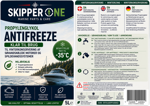 Propylenglykol Antifreeze - miljøvenlig antifrostvæske til vintersikring af bådmotor -35°C klar til brug 5 L