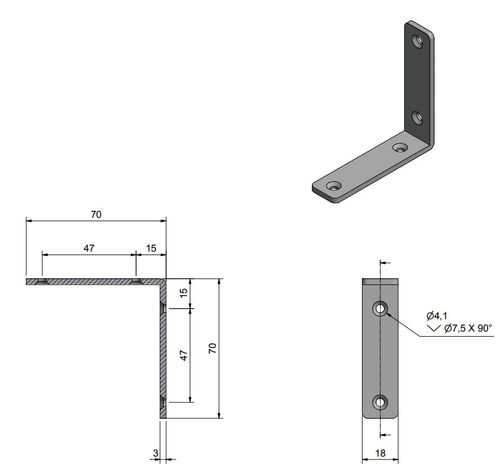 Roca vinkelbeslag 70x70x18mm skrue 4,1mm RF304