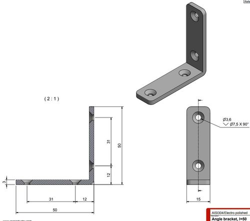 Roca vinkelbeslag 50x50x15mm skrue 3,6mm RF304