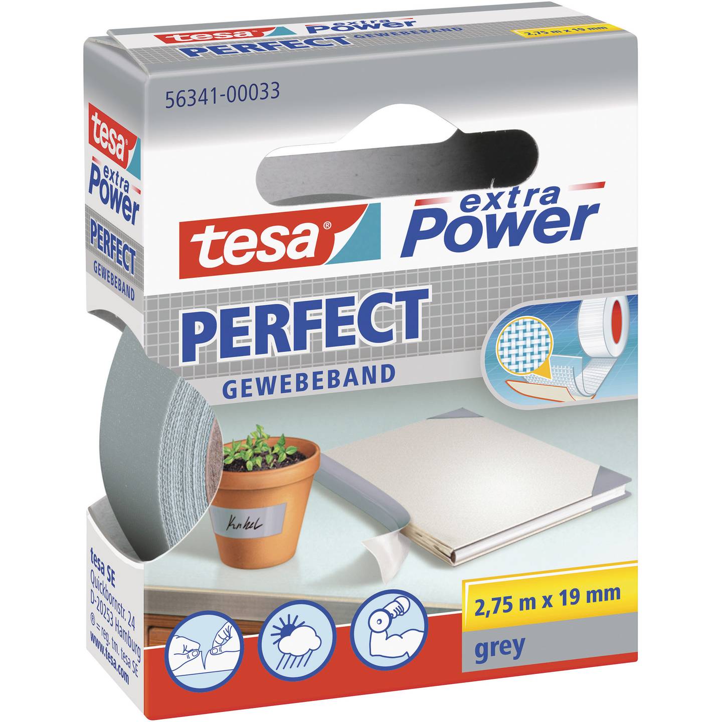 TESA PERFEC Tekstiltape extra Power Grå (L x B) 2.75 m x 19 mm 1 stk