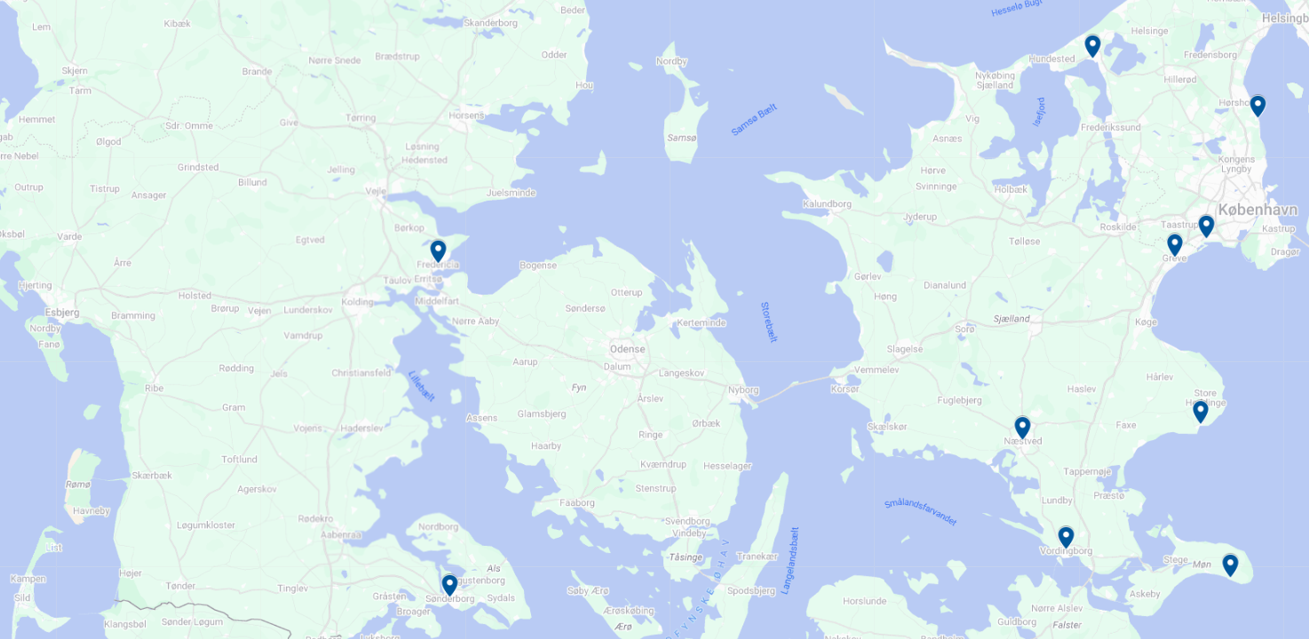 Kort over Alpina Marineudstyrs selvbetjeningsbutikker